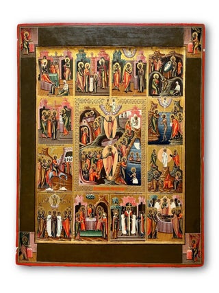 RUSSIAN ORTHODOX ICON] The Resurrection and Descent into Hell, with the Great Feasts and the Four...