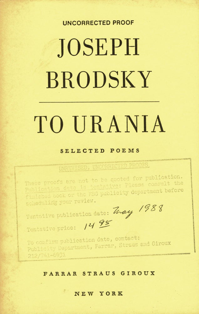 Item #202 To Urania: selected poems 1965-1985. Joseph Brodsky.