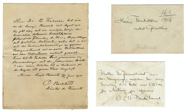 Item #256 Letter Signed by Swedish-Russian astronomer Johan Oskar Backlund to Croatian Astrophysicist Branimir Alexander Truhelka, 1914